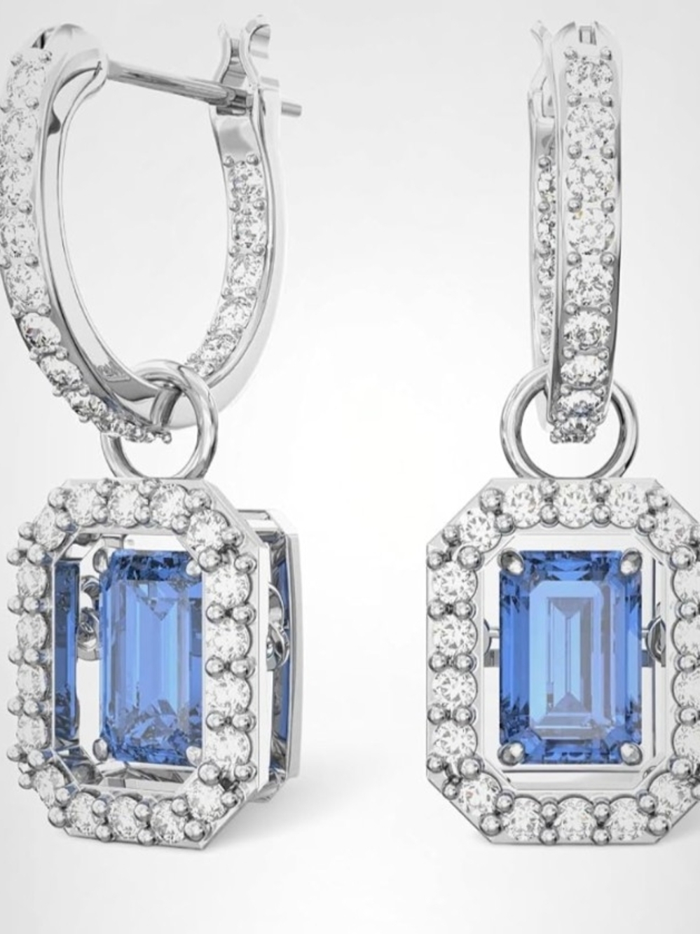 Swarovski Millenia Drop Hoop Earrings Blue Octagon Crystal Silver Tone Box - Picture 5 of 5